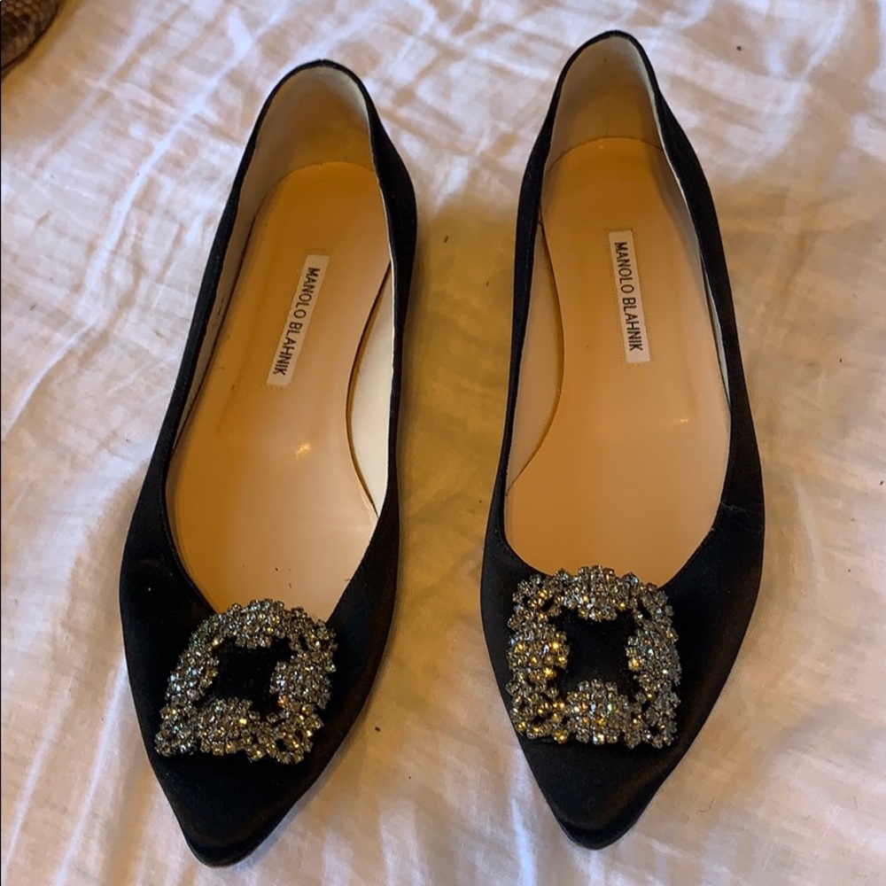 Manolo Blahnik Hangisi Crystal Buckle Satin Flat